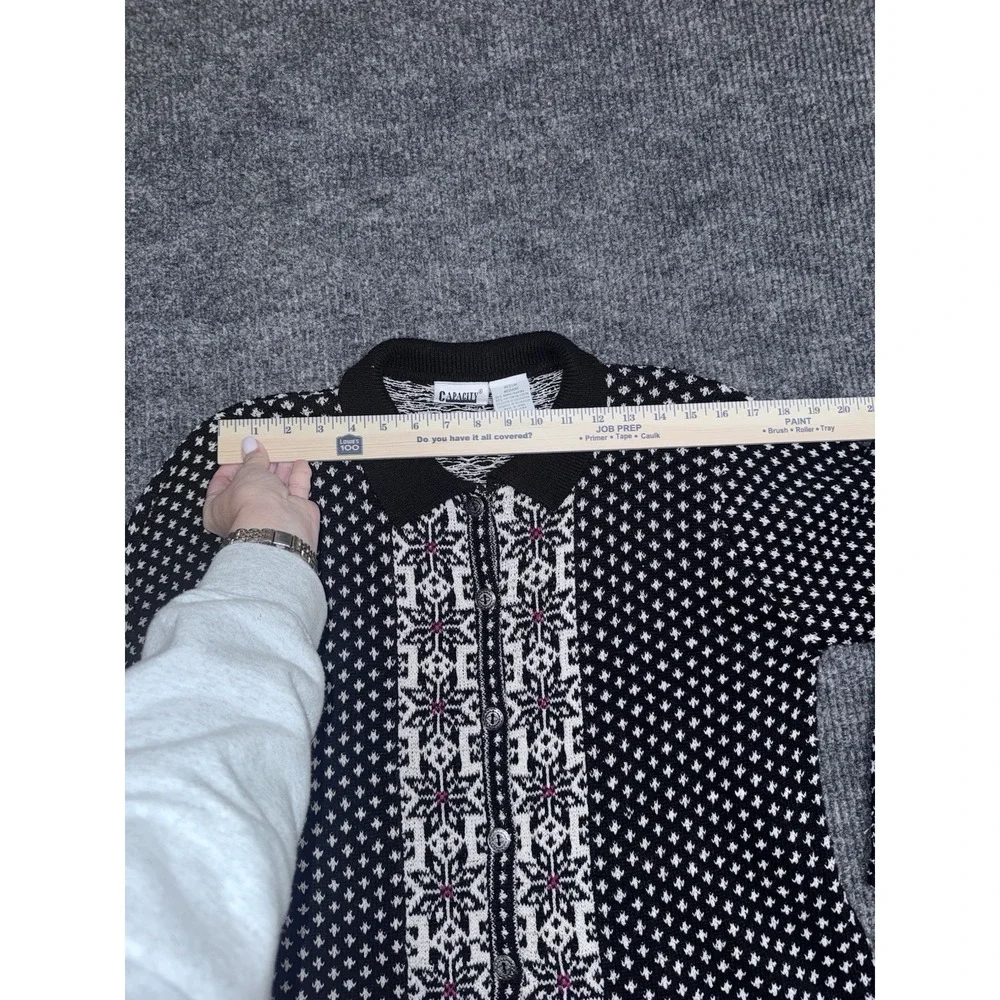 Y2K Capacity Fair Isle Collared Button Cardigan Sweater Black White Red M - Picture 11 of 13